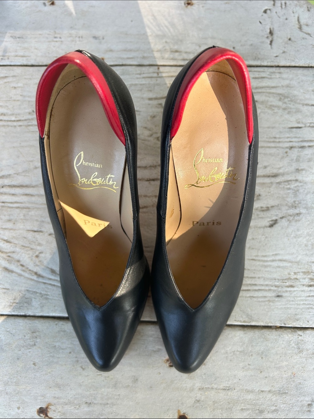 Christian Louboutin Black Leather Pointed Pumps with Red Lining